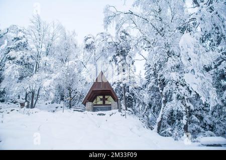 Gedenkstätte am Mandelstein im Winter, Waldviertel, Österreich Stockfoto