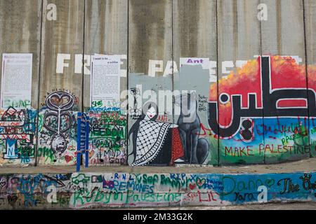 Graffiti an der Trennmauer in Bethlehem, Westjordanland, Palästina. Stockfoto