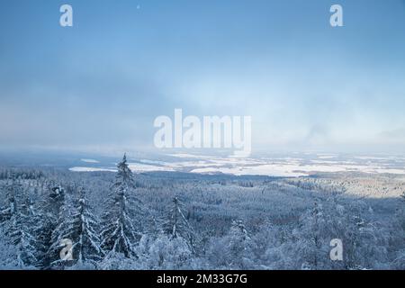 Blick auf die Tschechische Republik vom Mandelstein im Winter, Waldviertel, Österreich Stockfoto