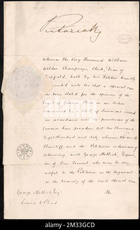 George Melish Lizenz zum Plädoyer, erteilt und abgestempelt mit Queen Victorias Siegel, London, 21. Januar 1870 , Abolitionisten, Vereinigte Staaten, Geschichte, 19.. Jahrhundert, Frauen, Wahlrecht. Thomas Wentworth Higginson-Korrespondenz Stockfoto