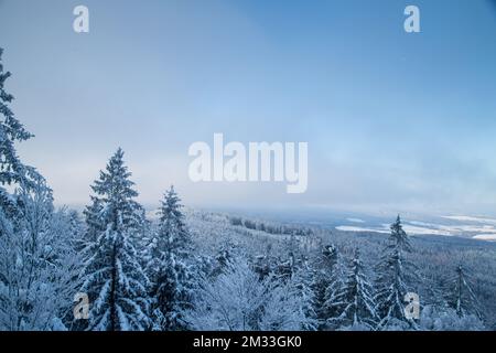 Blick auf die Tschechische Republik vom Mandelstein im Winter, Waldviertel, Österreich Stockfoto
