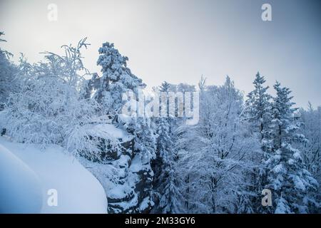 Mandelstein im Winter, Waldviertel, Österreich Stockfoto
