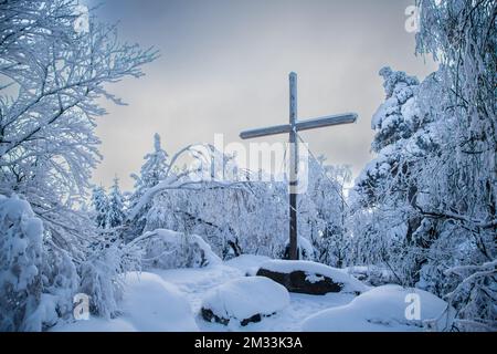 Mandelstein im Winter, Waldviertel, Österreich Stockfoto
