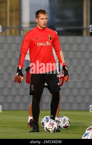 Der belgische Torwart Davy Roef wurde während eines Trainings der belgischen Fußballnationalmannschaft Red Devils, Teil der Vorbereitungen für die kommenden Spiele, am Dienstag, den 06. Oktober 2020 in Tubize gezeigt. Das Team wird zwei Qualifikationsspiele für den Europapokal 2020 gegen England und Island spielen. BELGA FOTO BRUNO FAHY Stockfoto