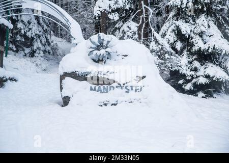 Mandelstein im Winter, Waldviertel, Österreich Stockfoto