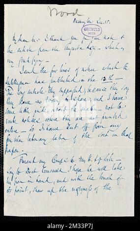 George Wood, Washington DC, Autogrammbrief unterschrieben an Theo[dore] Hinsdale, 15. Dezember [1855?] , Amerikanische Literatur, 19.. Jahrhundert, Geschichte und Kritik, Autoren, Amerikaner, 19.. Jahrhundert, Korrespondenz, Autoren und Verleger, Dichter, Amerikaner, 19.. Jahrhundert, Korrespondenz. Rufus W. Griswold Papers Stockfoto