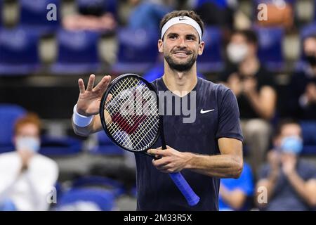 ACHTUNG REDAKTEURE - HANDOUT - NUR REDAKTIONELLE VERWENDUNG - KEIN VERKAUF - KEIN MARKETING - Bulgarischer Grigor Dimitrov feiert nach dem Sieg des Spiels zwischen dem bulgarischen Grigor Dimitrov und dem spanischen Pablo Andujar in der zweiten Runde des Singles-Wettbewerbs für Männer beim European Open Tennis ATP-Turnier in Antwerpen, Mittwoch, 21. Oktober 2020 BELGA FOTO LAURIE DIEFFEMBACQ Stockfoto