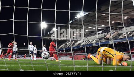 Der englische Torwart Jordan Pickford hält den Ball während eines Fußballspiels der Nations League zwischen der belgischen Nationalmannschaft Red Devils und England nicht an, dem fünften Spiel (von sechs) in der Liga A, Gruppe 2, Sonntag, den 15. November 2020 in Leuven. BELGA FOTO DIRK WAEM Stockfoto