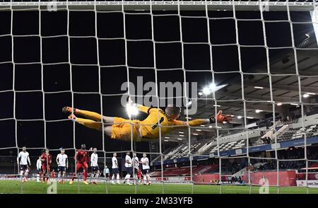 Der englische Torwart Jordan Pickford hält den Ball während eines Fußballspiels der Nations League zwischen der belgischen Nationalmannschaft Red Devils und England nicht an, dem fünften Spiel (von sechs) in der Liga A, Gruppe 2, Sonntag, den 15. November 2020 in Leuven. BELGA FOTO DIRK WAEM Stockfoto