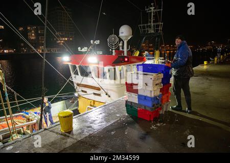 Das Bild zeigt die offene Aufschrei-Fischauktion (Vismijn - Visafslag - Minque) in Zeebrugge, Freitag, den 18. Dezember 2020. Mit dem bevorstehenden Brexit befürchtet der Fischereisektor ein No-Deal, das ernste Folgen hätte. BELGA FOTO KURT DESPLENTER Stockfoto