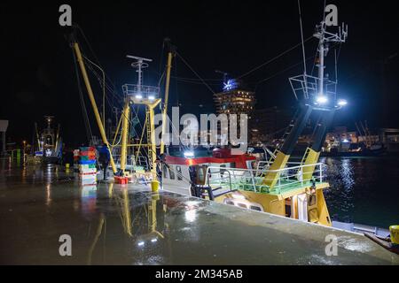 Das Bild zeigt die offene Aufschrei-Fischauktion (Vismijn - Visafslag - Minque) in Zeebrugge, Freitag, den 18. Dezember 2020. Mit dem bevorstehenden Brexit befürchtet der Fischereisektor ein No-Deal, das ernste Folgen hätte. BELGA FOTO KURT DESPLENTER Stockfoto