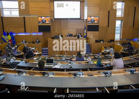 Das Bild zeigt eine Sitzung der besonderen covid-Pandemie-managementkommission des parlaments der Region Brüssel-Hauptstadt und des vereinigten Kollegiums der gemeinsamen gemeindekommission am Donnerstag, den 14. Januar 2021 in Brüssel. BELGA FOTO NICOLAS MAETERLINCK Stockfoto
