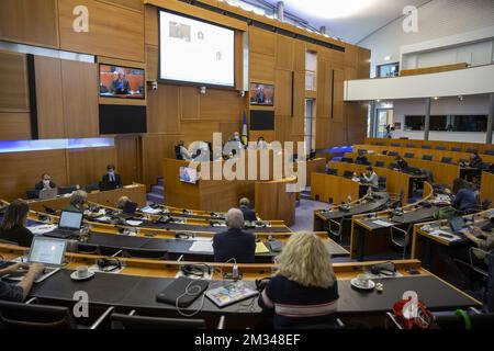 Das Bild zeigt eine Sitzung der besonderen covid-Pandemie-managementkommission des parlaments der Region Brüssel-Hauptstadt und des vereinigten Kollegiums der gemeinsamen gemeindekommission am Donnerstag, den 14. Januar 2021 in Brüssel. BELGA FOTO NICOLAS MAETERLINCK Stockfoto