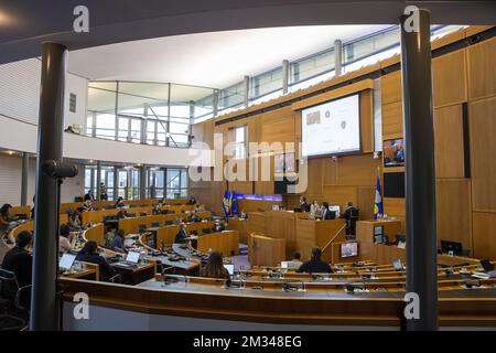 Das Bild zeigt eine Sitzung der besonderen covid-Pandemie-managementkommission des parlaments der Region Brüssel-Hauptstadt und des vereinigten Kollegiums der gemeinsamen gemeindekommission am Donnerstag, den 14. Januar 2021 in Brüssel. BELGA FOTO NICOLAS MAETERLINCK Stockfoto