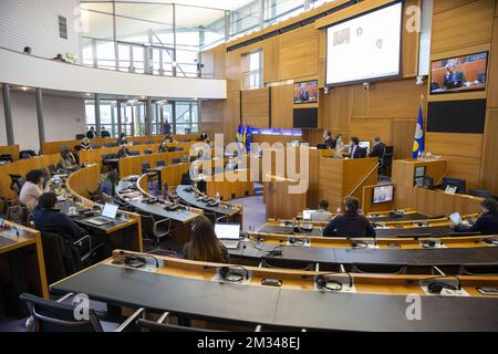 Das Bild zeigt eine Sitzung der besonderen covid-Pandemie-managementkommission des parlaments der Region Brüssel-Hauptstadt und des vereinigten Kollegiums der gemeinsamen gemeindekommission am Donnerstag, den 14. Januar 2021 in Brüssel. BELGA FOTO NICOLAS MAETERLINCK Stockfoto