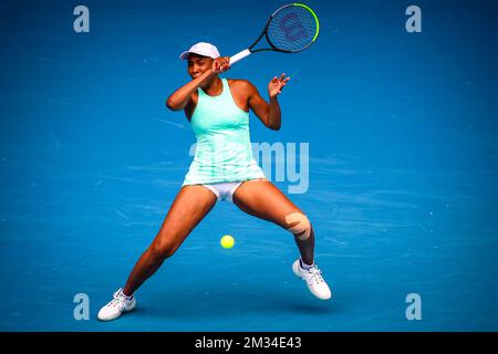 Venus Williams (WTA 80) in Aktion während eines Tennisspiels zwischen belgischen Flipkens und American Williams, in der ersten Runde des Frauen-Singles-Wettbewerbs des „Australian Open“ Tennis Grand Slam, Montag, 08. Februar 2021 in Melbourne Park, Australien. Die 2021. Ausgabe des australischen Grand Slam wurde wegen des anhaltenden Pandems um drei Wochen verschoben. BELGA FOTO PATRICK HAMILTON Stockfoto