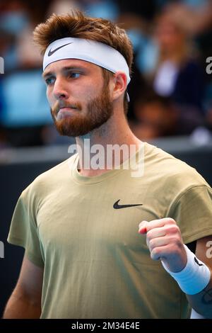 Corentin Moutet (ATP 80), abgebildet während eines Tennisspiels zwischen French Moutet und Australian Millman, in der ersten Runde des Herrenspiels des „Australian Open“ Tennis Grand Slam, Montag, 08. Februar 2021 in Melbourne Park, Australien. Die 2021. Ausgabe des Australian Grand Slam wurde wegen des Pandems um drei Wochen verschoben. BELGA FOTO PATRICK HAMILTON Stockfoto