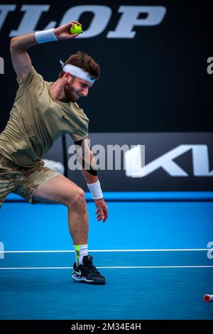 Corentin Moutet (ATP 80), abgebildet während eines Tennisspiels zwischen French Moutet und Australian Millman, in der ersten Runde des Herrenspiels des „Australian Open“ Tennis Grand Slam, Montag, 08. Februar 2021 in Melbourne Park, Australien. Die 2021. Ausgabe des Australian Grand Slam wurde wegen des Pandems um drei Wochen verschoben. BELGA FOTO PATRICK HAMILTON Stockfoto