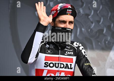 Belgischer Thomas De Gendt von Lotto Soudal zu Beginn der vierten Etappe des 79.. Radrennen Paris-Nizza, 188km km von Chalon-sur-Saone nach Chiroubles, Frankreich, Mittwoch, 10. März 2021. BELGA FOTO DAVID STOCKMAN Stockfoto