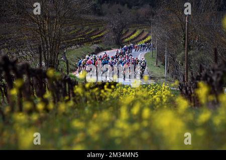 Die Abbildung zeigt das Paket von Fahrern in Aktion während der sechsten Etappe des Radrennen Paris-Nizza 79., 219km von Brignoles nach Biot, Frankreich, Freitag, 12. März 2021. BELGA FOTO DAVID STOCKMAN Stockfoto