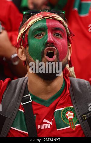 Al-Khor, Katar. 14.. Dezember 2022. Ein marokkanischer Fan unterstützt sein Team beim Halbfinalspiel der FIFA-Weltmeisterschaft 2022 im Al Bayt Stadium in Al Khor, Katar, am 14. Dezember 2022. Foto: Chris Brunskill/UPI Credit: UPI/Alamy Live News Stockfoto