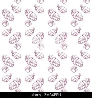 Nahtlos gemusterter Hintergrund mit leuchtend süßen Sushi-Kritzeleien, die von Hand gezeichnet wurden. Stock Vektor