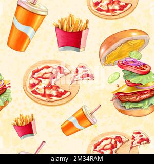 Themenmuster für Fast Food, darunter Hamburger, pommes frites, Pizza und ein Getränk. Digitale Illustration mit handgezeichneten Elementen. Stockfoto