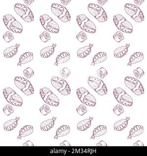 Nahtlos gemusterter Hintergrund mit leuchtend süßen Sushi-Kritzeleien, die von Hand gezeichnet wurden. Stock Vektor