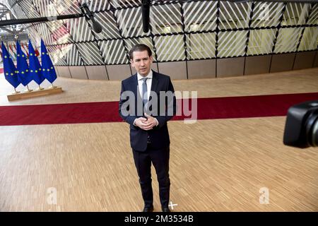 Der österreichische Kanzler Sebastian Kurz zeigte sich am zweiten Tag eines EU-Gipfeltreffens, Dienstag, den 25. Mai 2021, am Sitz der Europäischen Union in Brüssel. BELGA FOTOPOOL PHILIP REYNAERTS Stockfoto