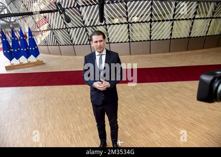 Der österreichische Kanzler Sebastian Kurz zeigte sich am zweiten Tag eines EU-Gipfeltreffens, Dienstag, den 25. Mai 2021, am Sitz der Europäischen Union in Brüssel. BELGA FOTOPOOL PHILIP REYNAERTS Stockfoto