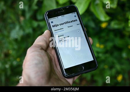 Abbildung zeigt eine Person, die die niederländische Version der Covid-Zertifikat-App von Digitaal Vlaanderen und die eHealth-Plattform am Mittwoch, den 16. Juni 2021 in Ellezelles verwendet. Mit diesem Covid-Zertifikat, das einen Impfnachweis oder das Ergebnis der PCR, aber auch einen Schnelltest nachweisen kann, wird es ab Juli einfacher sein, innerhalb Europas zu reisen. BELGA FOTO DAVID STOCKMAN Stockfoto