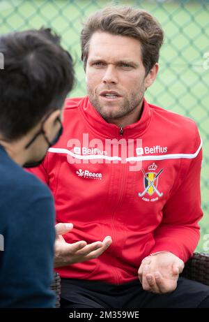 Vincent Vanasch beantwortet Fragen nach einer Schulung der belgischen Eishockeymannschaft der Roten Löwen am Montag, den 05. Juli 2021 in Wilrijk, Antwerpen. Die Roten Löwen bereiten sich auf die bevorstehenden Olympischen Spiele 2021 in Tokio, Japan, vor. BELGA FOTO BENOIT DOPPPAGNE Stockfoto