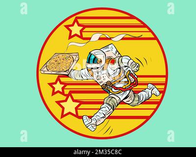 Astronaut-Pizza-Lieferung. Weltraumkurier. Street Food, italienisches Restaurant Stock Vektor