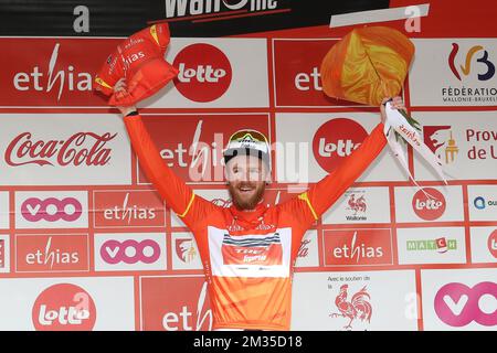 US Quinn Simmons von Trek-Segafredo auf dem Podium nach der dritten Etappe des Radrennens Tour De Wallonie, 179,9km km von Plombieres nach Erezee, am Donnerstag, den 22. Juli 2021. BELGA FOTO BRUNO FAHY Stockfoto