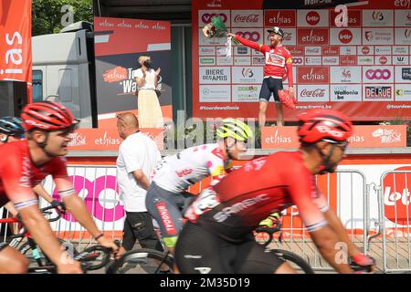 US Quinn Simmons von Trek-Segafredo auf dem Podium nach der dritten Etappe des Radrennens Tour De Wallonie, 179,9km km von Plombieres nach Erezee, am Donnerstag, den 22. Juli 2021. BELGA FOTO BRUNO FAHY Stockfoto