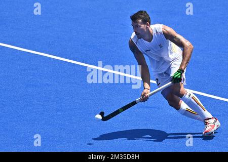 Der belgische Simon Gougnard zeigte sich in Aktion bei einem Hockeyspiel zwischen den belgischen Roten Löwen und den Niederlanden, in der ersten Runde des Pool B des Herrenhockeyturniers, am zweiten Tag der Olympischen Spiele 2020 in Tokio, Japan, am Samstag, den 24. Juli 2021. Die verschoben Olympischen Sommerspiele 2020 finden vom 23. Juli bis zum 8. August 2021 statt. BELGA FOTO DIRK WAEM Stockfoto