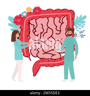 Darmorganuntersuchung, Gesundheit Darm und Verdauung. Arzt untersucht Magen-Darm-Trakt. Medikamentöse Darmbehandlung. Vektordarstellung Stock Vektor