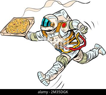 Astronaut-Pizza-Lieferung. Weltraumkurier. Street Food, italienisches Restaurant Stock Vektor