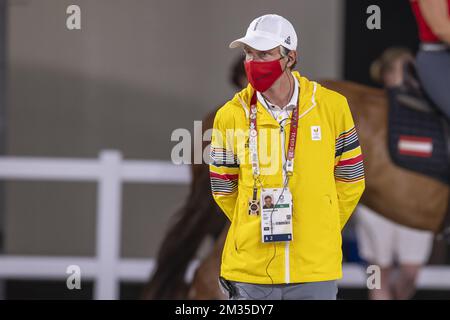 Trainer Kai-Steffen Meier zeigte während eines Trainings die „Olympischen Spiele 2020 in Tokio“ am Montag, den 26. Juli 2021 in Tokio, Japan. Die verschoben Olympischen Sommerspiele 2020 finden vom 23. Juli bis zum 8. August 2021 statt. BELGA PHOTO DIRK CARREMANS Stockfoto