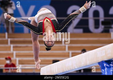 Der belgische Jutta Verkest wurde am fünften Tag der Olympischen Spiele 2020 in Tokio, Japan, am Dienstag, den 27. Juli 2021 in Aktion beim Teamfinale des künstlerischen Turnierwettbewerbs gezeigt. Die verschoben Olympischen Sommerspiele 2020 finden vom 23. Juli bis zum 8. August 2021 statt. BELGA FOTO DIRK WAEM Stockfoto