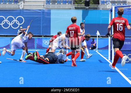 Der belgische Simon Gougnard erzielt ein Tor während eines Hockeyspiels zwischen den belgischen Roten Löwen und Kanada in Pool B des Männer-Field-Hockeyturniers am siebten Tag der Olympischen Spiele 2020 in Tokio, Japan, am Donnerstag, den 29. Juli 2021. Die verschoben Olympischen Sommerspiele 2020 finden vom 23. Juli bis zum 8. August 2021 statt. BELGA FOTO BENOIT DOPPPAGNE Stockfoto