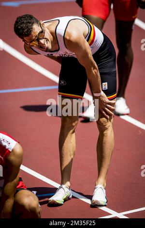 Der belgische Athlet Kevin Borlee reagiert nach den Hitze des 400m-Rennens der Männer beim Leichtathletikwettbewerb am 10. Tag der „Olympischen Spiele 2020 in Tokio“ am Sonntag, dem 01. August 2021 in Japan. Die verschoben Olympischen Sommerspiele 2020 finden vom 23. Juli bis zum 8. August 2021 statt. BELGA FOTO JASPER JACOBS Stockfoto