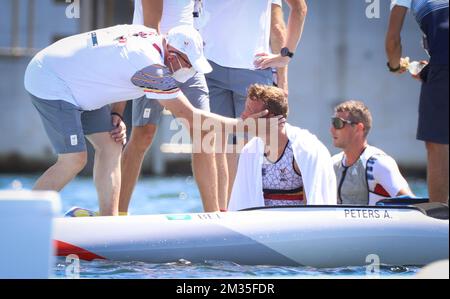 Belgischer Thomas Pieters am Ende des Halbfinals des Doppel-500m-Rennens für Frauen im Kajak am 12. Tag der „Olympischen Spiele 2020 in Tokio“, Japan, am Dienstag, den 03. August 2021. Die verschoben Olympischen Sommerspiele 2020 finden vom 23. Juli bis zum 8. August 2021 statt. BELGA FOTO BENOIT DOPPPAGNE Stockfoto