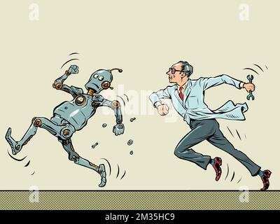 Der Roboter läuft vor dem Wissenschaftler-Mann weg. Künstliche Intelligenz und Menschen Konzept. Flucht Aus Dem Labor Stock Vektor