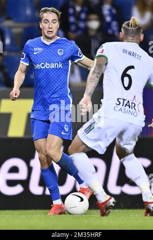 Genks Kristian Thorstvedt wurde während eines Fußballspiels zwischen KRC Genk und Oud-Heverlee Leuven am Samstag, den 14. August 2021, in Genk am 4. Tag der ersten Division der belgischen Meisterschaft „Jupiler Pro League“ von 2021-2022 dargestellt. BELGA FOTO JOHAN EYCKENS Stockfoto