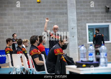 Der belgische Cheftrainer Fernando Munoz (C) wurde während eines freundlichen Volleyballspiels zwischen der belgischen Volleyballnationalmannschaft der Männer, den Red Dragons, und der deutschen Volleyballnationalmannschaft in Leuven am Mittwoch, den 18. August 2021, abgebildet. BELGA FOTO HATIM KAGHAT Stockfoto