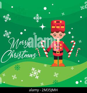 Green merry christmas card Happy wooden nutcracker cartoon Vector Stock Vektor