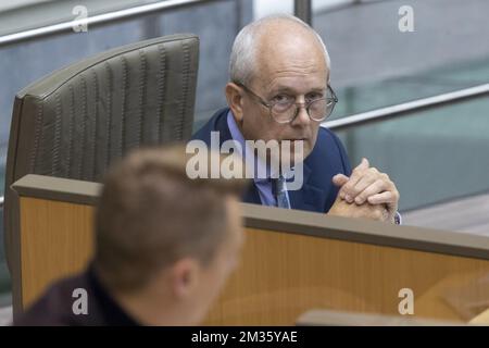 Hannes Anaf von Vooruit und Peter Cabus, Generalsekretär des Ministeriums für Umwelt, bildete das Bild auf einer Sitzung der untersuchungskommission für PFAS - PFOS-Verschmutzung im Flämischen Parlament am Freitag, den 08. Oktober 2021 in Brüssel. BELGA FOTO NICOLAS MAETERLINCK Stockfoto