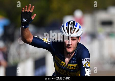 Der belgische Daan Soete feiert, dass er die Ziellinie überquert und beim Trek CX Cup Cyclocross am Freitag, den 08. Oktober 2021 in Waterloo, Wisconsin, USA, das Elite-Rennen der Männer gewinnt. BELGA FOTO DAVID STOCKMAN Stockfoto