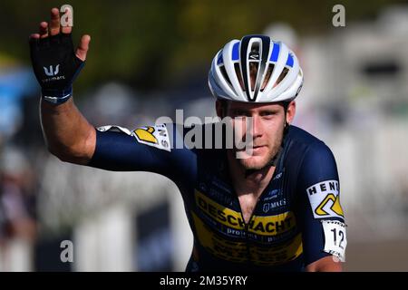 Der belgische Daan Soete feiert, dass er die Ziellinie überquert und beim Trek CX Cup Cyclocross am Freitag, den 08. Oktober 2021 in Waterloo, Wisconsin, USA, das Elite-Rennen der Männer gewinnt. BELGA FOTO DAVID STOCKMAN Stockfoto